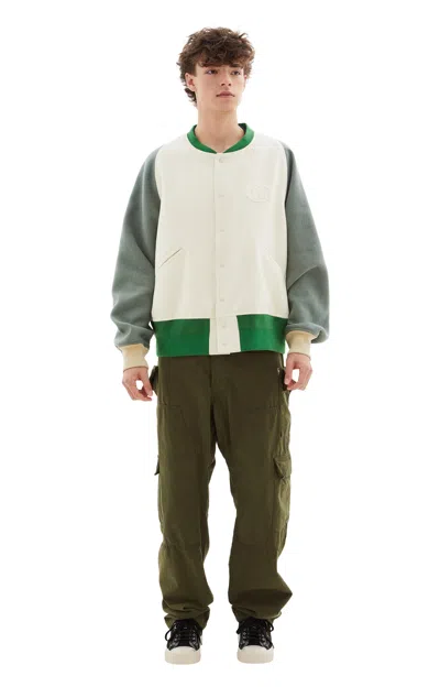 Visvim Colour-block Logo-appliquéd Wool And Linen-blend Varsity Jacket In Green