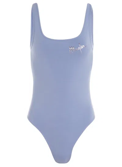 Shop Mugler Fitted Cotton Bodysuit In Silver Blue