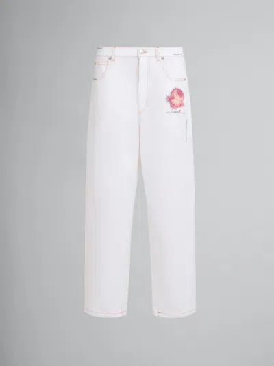 Shop Marni Denim Pants With Flowers Patches In 00w01 White