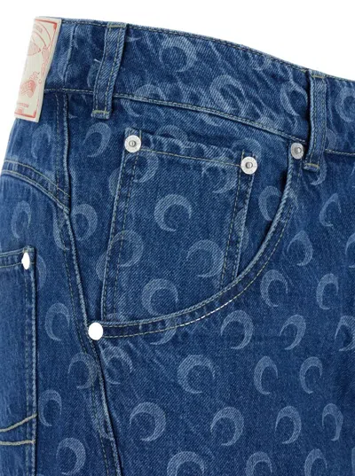 Shop Marine Serre Blue Mini Skirt With 'crescenti Moon' Print In Denim Woman
