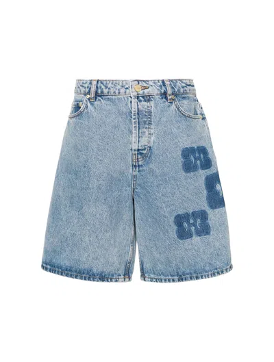 Shop Ganni Denim Shorts With Logo In Blue