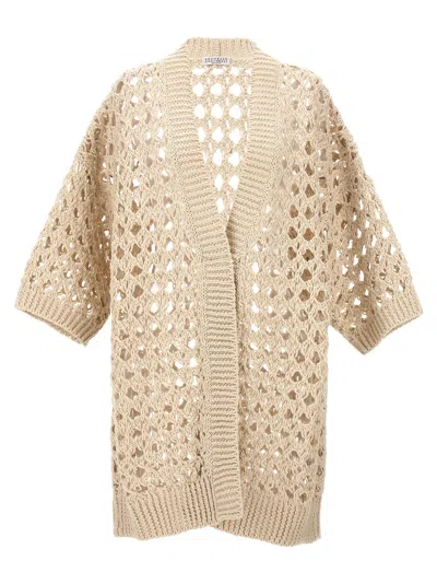 Brunello Cucinelli Openwork Knit Cardigan Sweater, Cardigans Beige In Beige