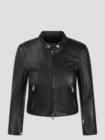 Shop Balenciaga Cropped Leather Jacket In Black