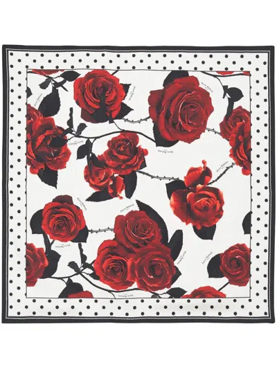 Shop Balmain Red Roses &amp; Polka Dots Scarf 90x90 In Gqx Gqx Blanc Rouge Fonce Noir