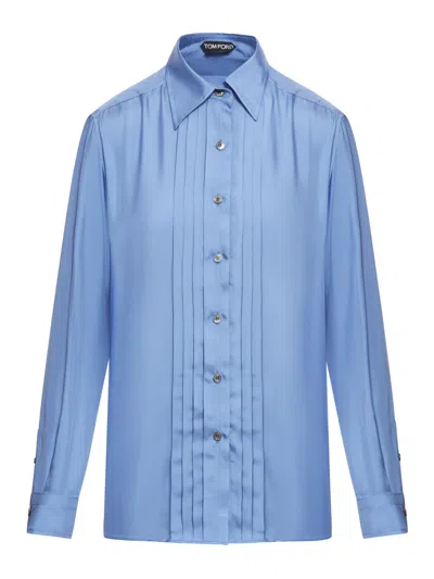 Shop Tom Ford Fluid Viscose Silk Twill Shirt In Stone Blue