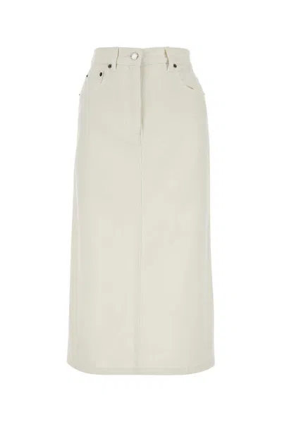 Shop Prada High-waist Denim Midi Skirt In White