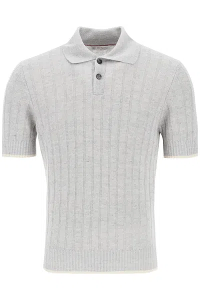 Shop Brunello Cucinelli Ribbed Knit Polo Shirt In Grey