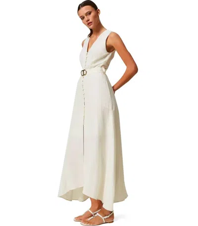 Shop Twinset Ivory Long Linen Dress