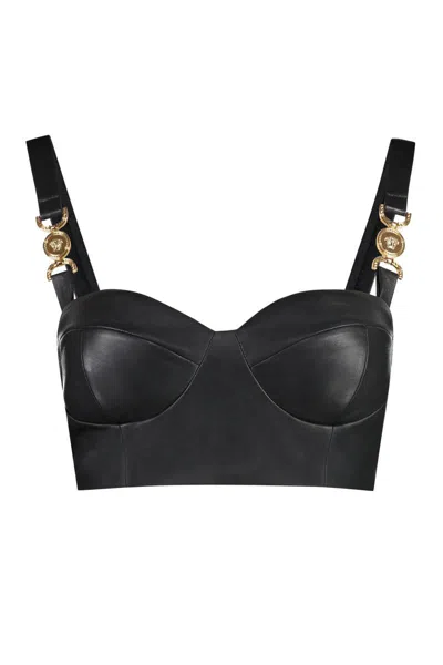 Shop Versace Leather Crop Top In Black