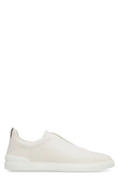 Shop Zegna Triple Stitch Leather Sneakers In Ivory