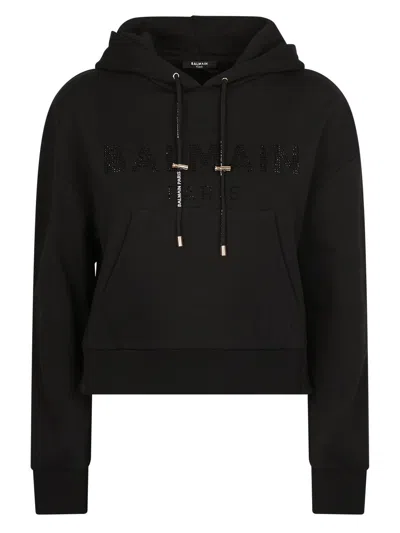 Shop Balmain Embellished Logo Hoodie In Black