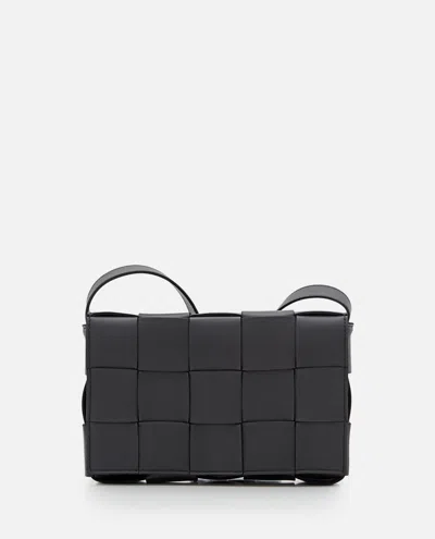 Shop Bottega Veneta Cassette Leather Shoulder Bag In Black Silver