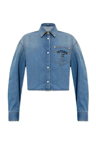 Shop Versace Button-up Cropped Denim Shirt In Blu Denim Medio