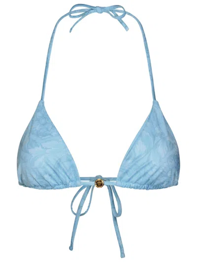 Shop Versace Barocco Light Blue Polyester Blend Bikini Top In Celeste