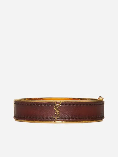 Shop Saint Laurent Leather And Metal Bracelet In Dark Brown Choco