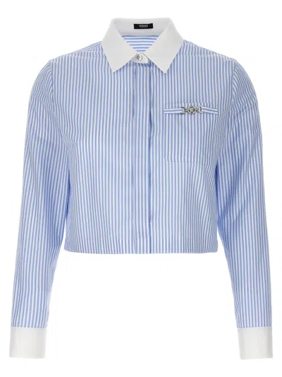 Shop Versace Striped Cropped Shirt In Light Blue