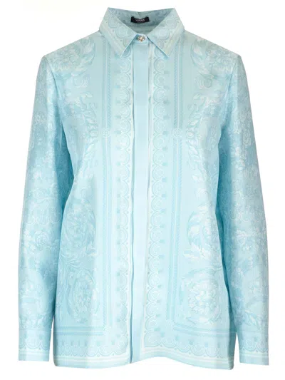 Shop Versace Twill Silk Shirt In Light Blue