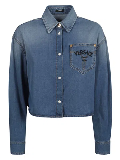 Shop Versace Logo Denim Shirt In Medium Blue