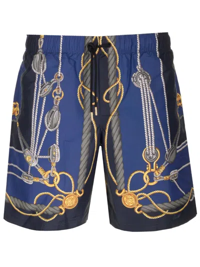 Shop Versace Blue Silk Shorts In Multicolor