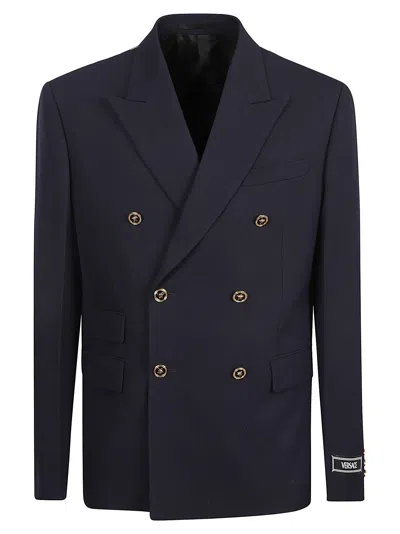 Shop Versace Double-breasted Fitted Blazer In Navy