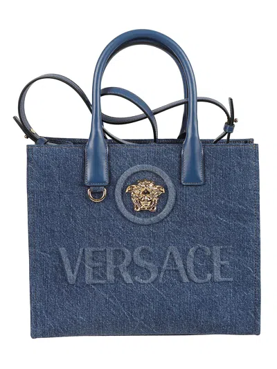 Shop Versace Medusa Head Embellished Logo Tote In Navy Blue/ Gold