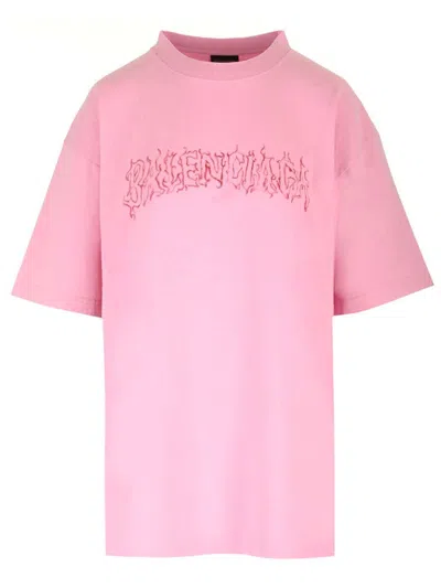 Shop Balenciaga Logo Printed Crewneck T-shirt In Pink/red