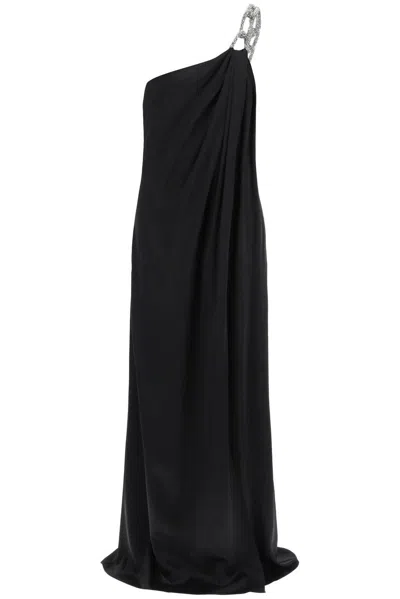 Shop Stella Mccartney Falabella Embellished Chain-linked Satin Gown In Black