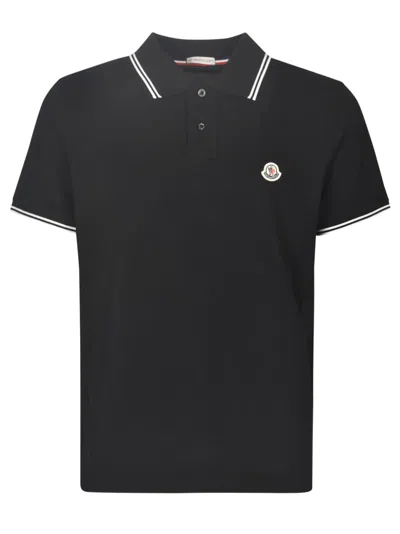 Shop Moncler Stripe Trim Logo Patched Polo Shirt In Black