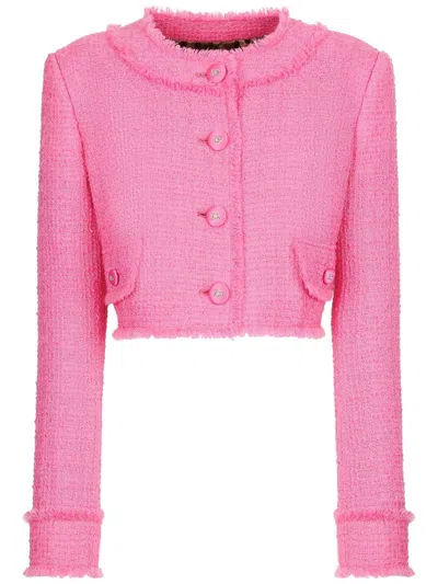 Shop Dolce & Gabbana Cropped Jacket With Round Neckline In Pink & Purple