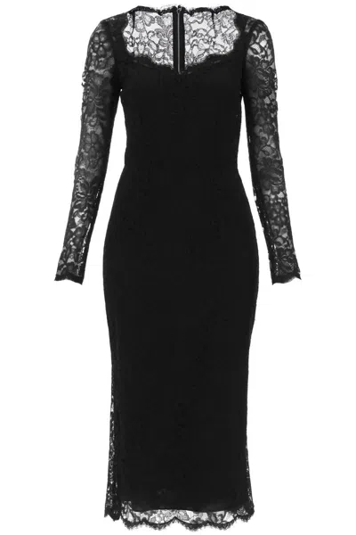 Shop Dolce & Gabbana Midi Dress In Floral Chantilly Lace In Black