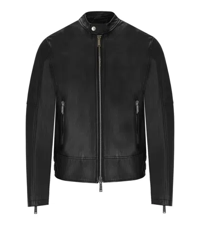 Dsquared2 Men Black Biker Jacket With Mandarin Collar And Waist Straps In Leather Man In Black