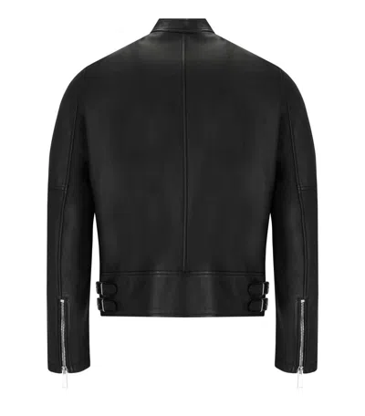 Dsquared2 Men Black Biker Jacket With Mandarin Collar And Waist Straps In Leather Man In Black
