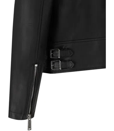 Dsquared2 Men Black Biker Jacket With Mandarin Collar And Waist Straps In Leather Man In Black