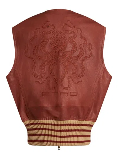 Shop Etro Brown Sleeveless Jacket With Rear Printed In Leather Woman