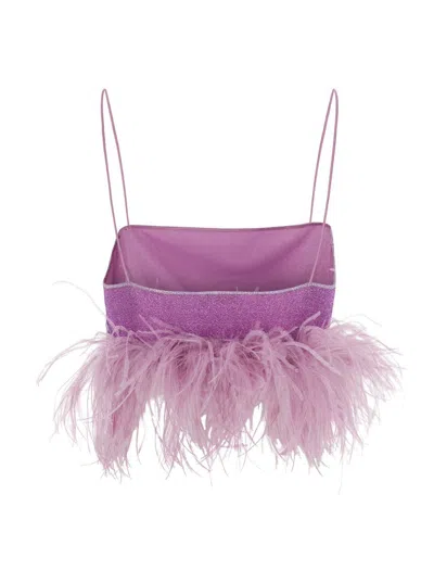 Shop Oseree 'lumière Plumage' Violet Top With Feathers Trim In Lurex Woman In Purple