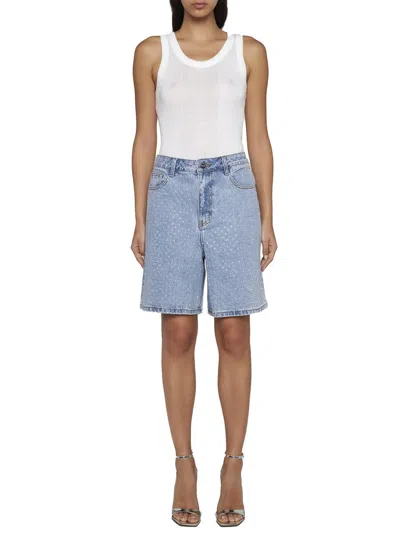 Shop Self-portrait Light Blue Bermuda Shorts With All-over Rhinestones In Cotton Denim Woman