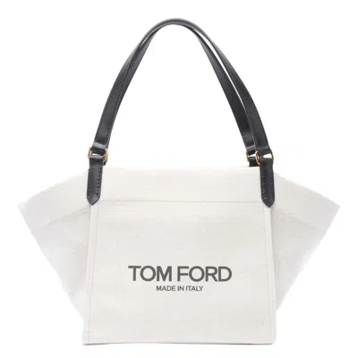 Shop Tom Ford Canvas And Leather Medium Tote Bag In Beige