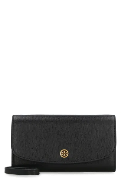 Shop Tory Burch Robinson Leather Wallet On Chain In Black