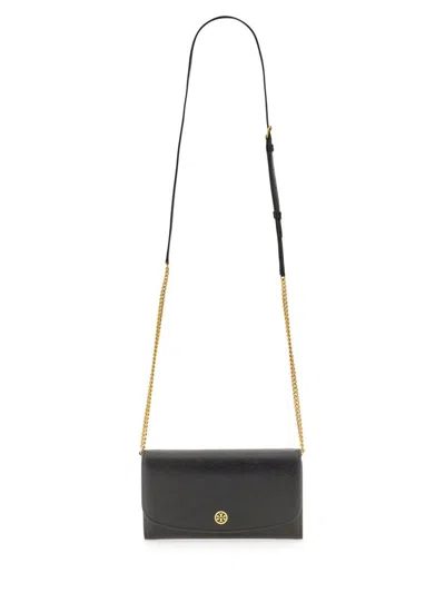 Shop Tory Burch Robinson Leather Wallet On Chain In Black