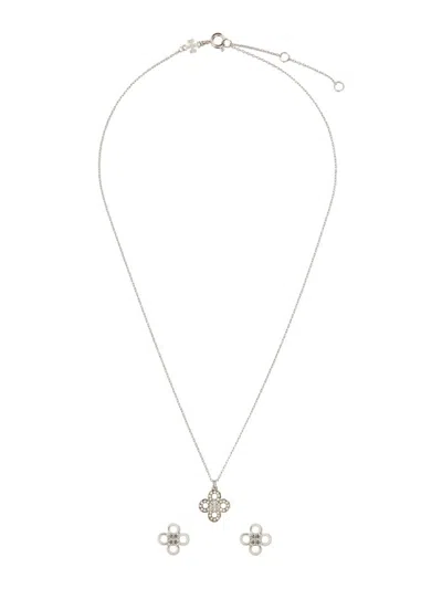 Shop Tory Burch Silver Brass Kira Necklace In Tory Silver / Crystal