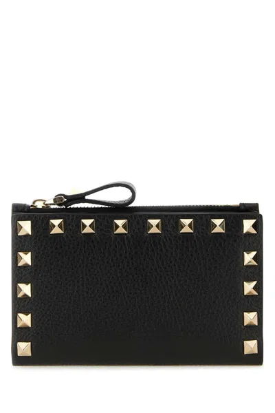 Valentino Rockstud Zipper Coin Card Holder In Black
