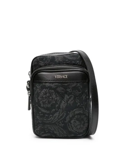 Shop Versace 'athena Barocco' Crossbody Bag In Black+black-ruthenium