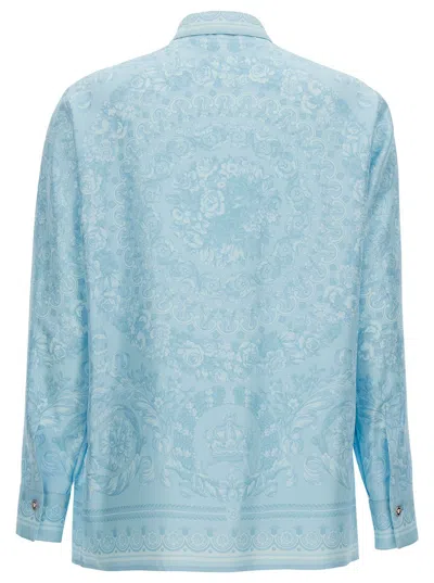Shop Versace Barocco Print Silk Shirt In Clear Blue