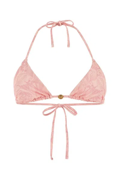 Shop Versace 'baroque' Pink Polyester Blend Bikini Top