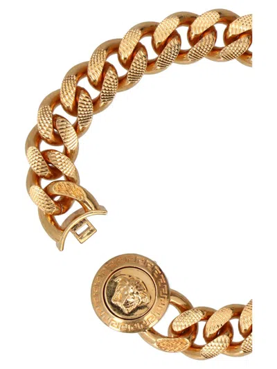 Shop Versace Man's Golden Metal Chain Bracelet With Logo