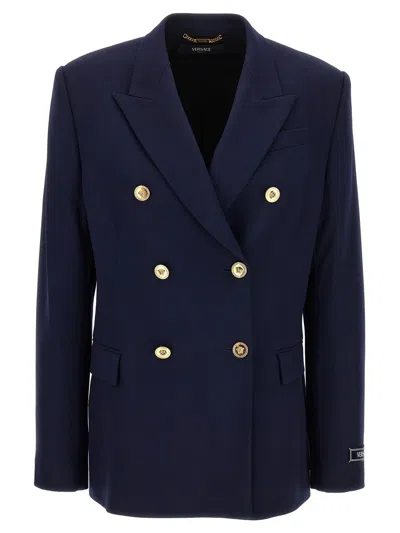 Shop Versace Blue Double-breasted Jacket With Medusa Buttons In Stretch Wool Woman
