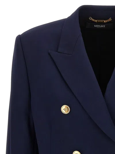 Shop Versace Blue Double-breasted Jacket With Medusa Buttons In Stretch Wool Woman