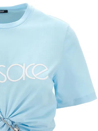 Shop Versace Logo Cotton Cropped T-shirt In Blue