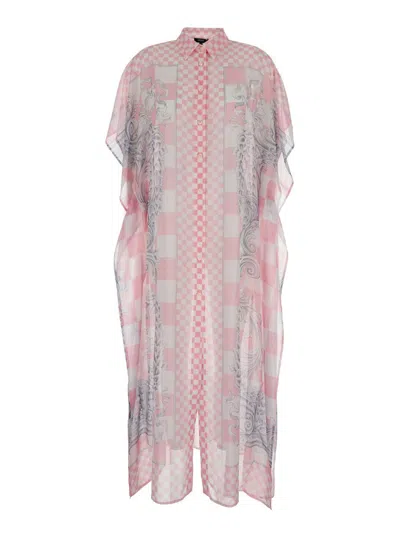 Shop Versace Pink Shirt Dress With Barocco Check Print All-over In Viscose Woman