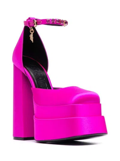 Shop Versace 'aevitas' Fuchsia Pumps With Medusa Charm And Platform In Silk Blend Woman In Fuxia
